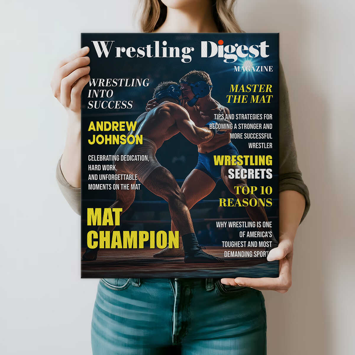 Personalized Wrestling Digest Canvas | Custom Wrestler Name Poster, Wrestling Magazine Style Gift, Sports Room Wall Decor, Senior Wrestler Gift