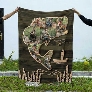 Bass Fishing Gifts, Custom Bass Fish Shape Blanket, Fishing Collage Gift for Dad