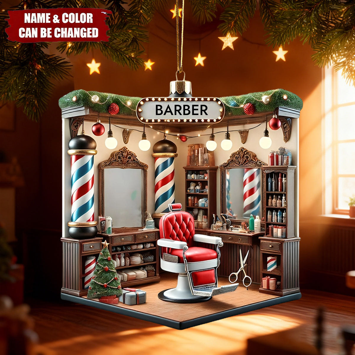 Personalized Custom Name Barber Ornament, Barber Shop Christmas Decoration