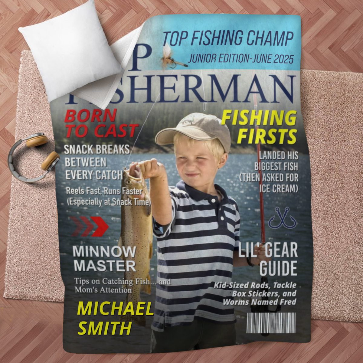 Custom Kids Fishing Magazine Cover Blanket, Fishing Gifts for Boys, Fishing Gift for Son, Grandson