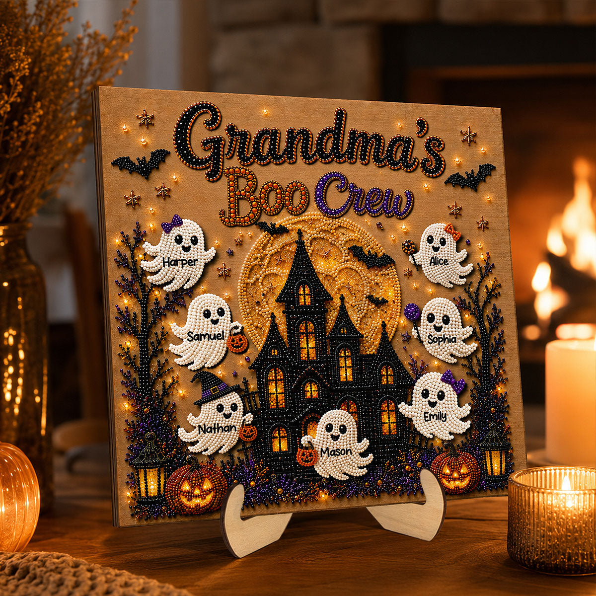 Personalized "Grandma's Boo Crew" Wooden Plaque – Haunted House Faux Diamond Art Halloween Gift