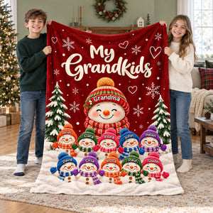 Personalized Grandkids Snowman Christmas Fleece Blanket – Custom Grandchildren’s Names Throw | Holiday Gift For Grandma & Nana