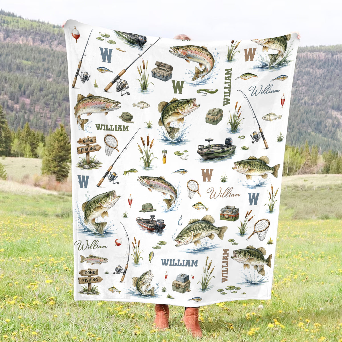 Personalized "Gone Fishing" Blanket – Custom Name Throw For Baby Boy & Toddler | Fish Nursery Decor