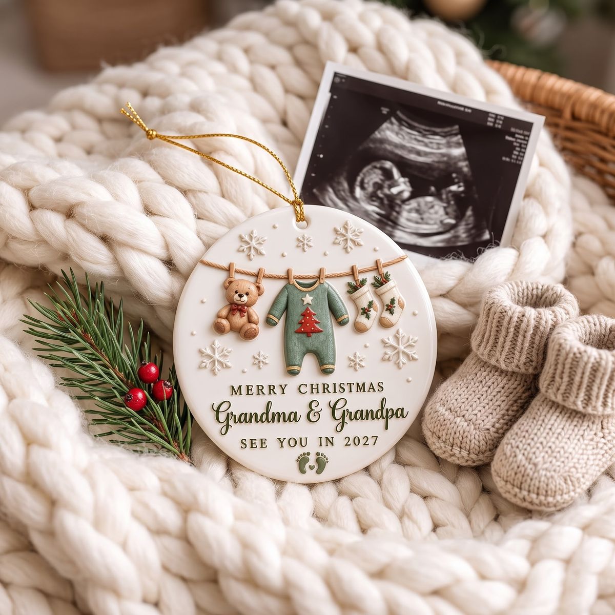 See You In 2027 – Personalized Pregnancy Announcement Ceramic Ornament | Custom Name Christmas Reveal Gift For Grandparents, Aunts & Uncles