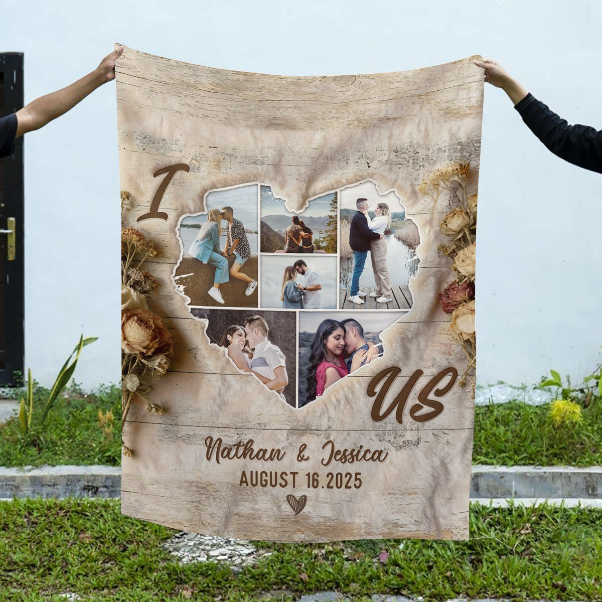 Custom Heart Shaped Photo Collage Vintage Blanket, Personalized Photos Of Us Picture Collage Gift, Wedding Anniversary Valentines Gift For Her Him