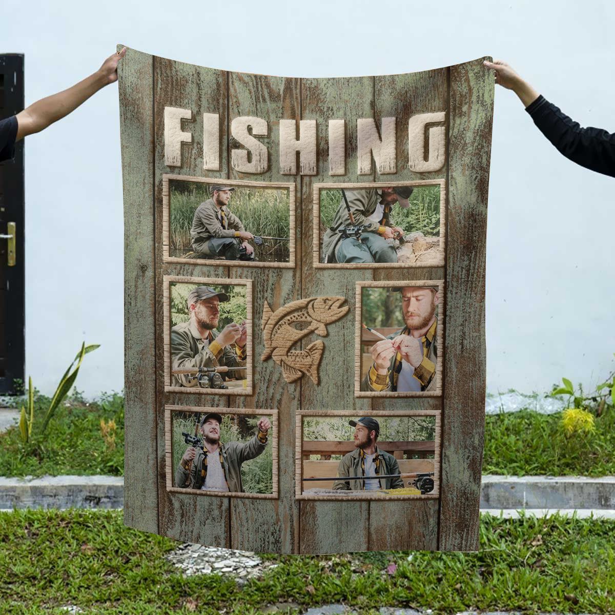 Personalized Fisherman Fishing Photo Collage Blanket, Fishing Gifts For Men