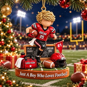 Personalized Just A Boy Who Loves Football Ornament, Custom Player Name & Number Christmas Gift