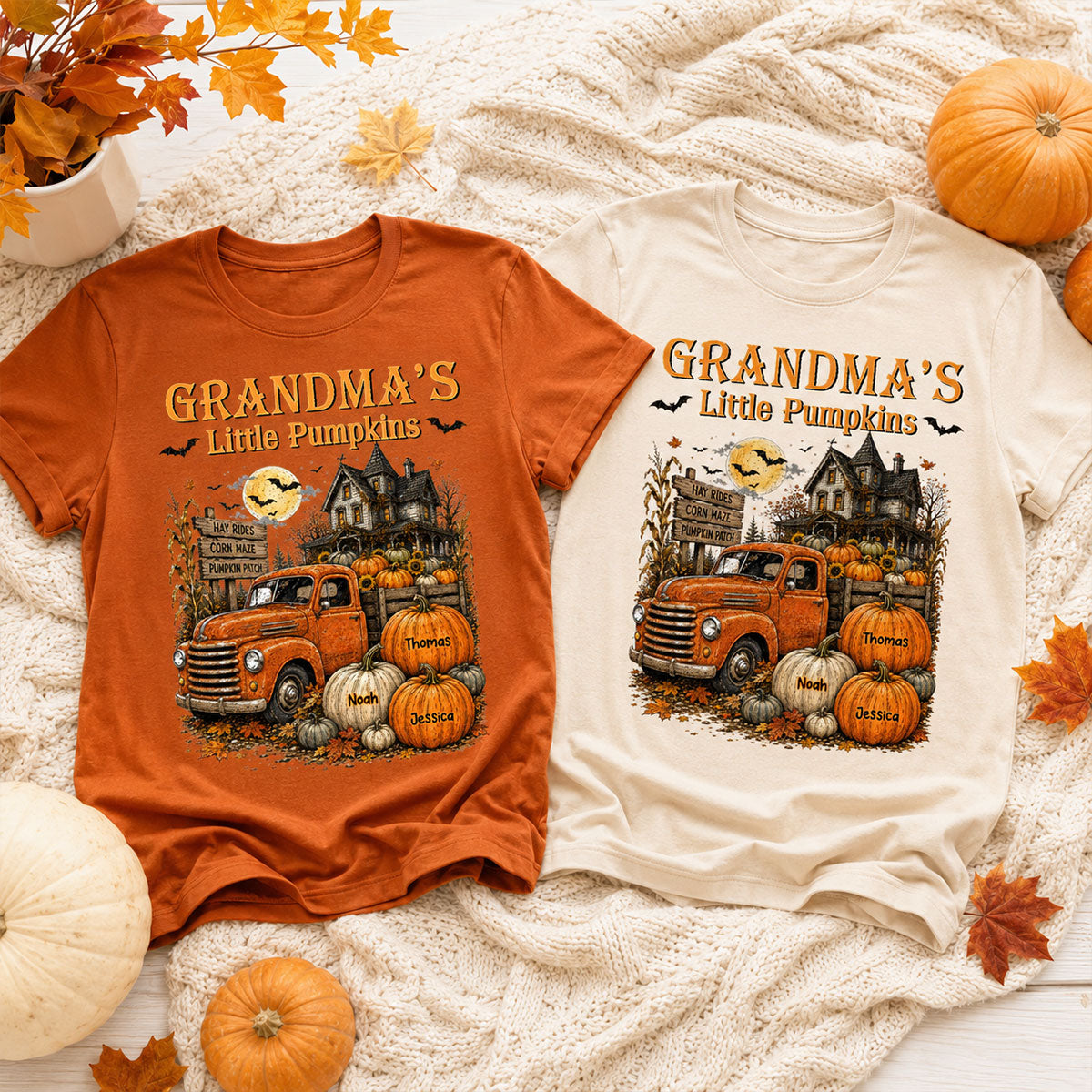 "Grandma's Little Pumpkins" – Retro Vintage Farmhouse Halloween Truck Shirt | Personalized Gift For Grandma