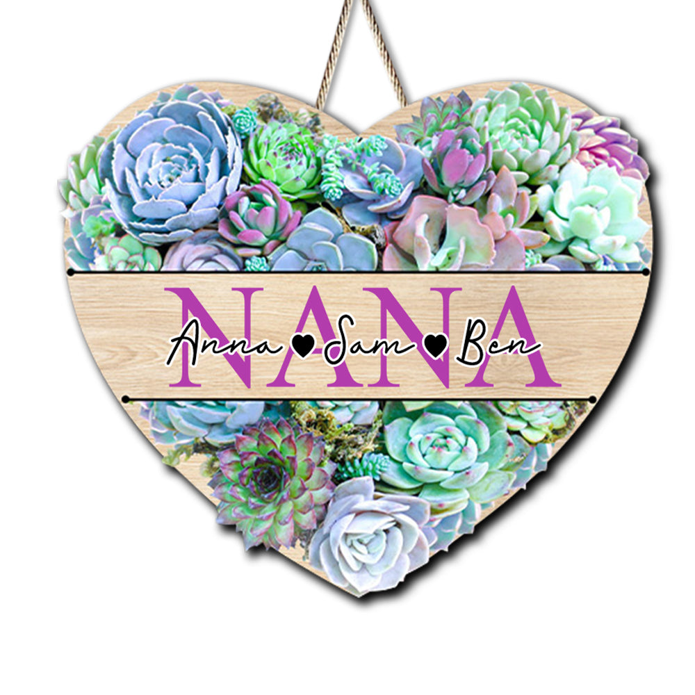 Personalized Grandma With Kid's Names Stone Lotus Heart Shape Wooden Sign