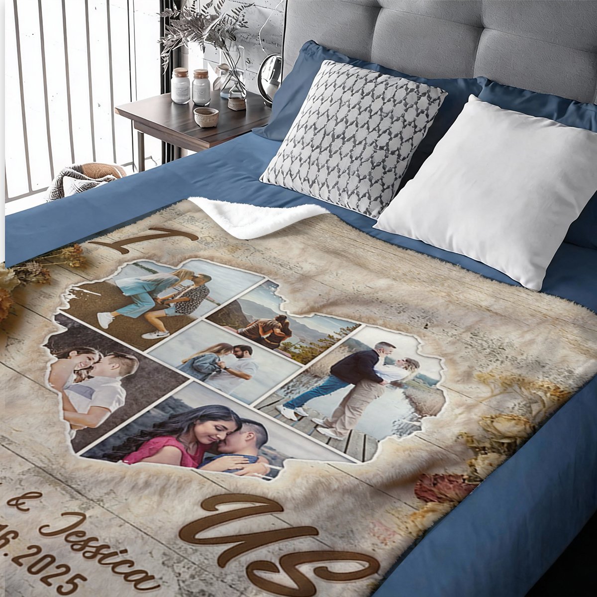 Custom Heart Shaped Photo Collage Vintage Blanket, Personalized Photos Of Us Picture Collage Gift, Wedding Anniversary Valentines Gift For Her Him