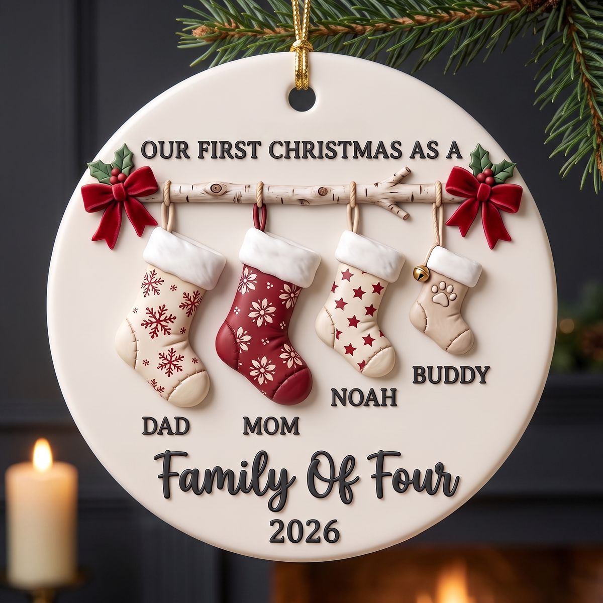 Personalized Family Of 4 Christmas Ceramic Ornament – Custom Names & Pet Stocking Keepsake | First Christmas Gift For Parents & Kids