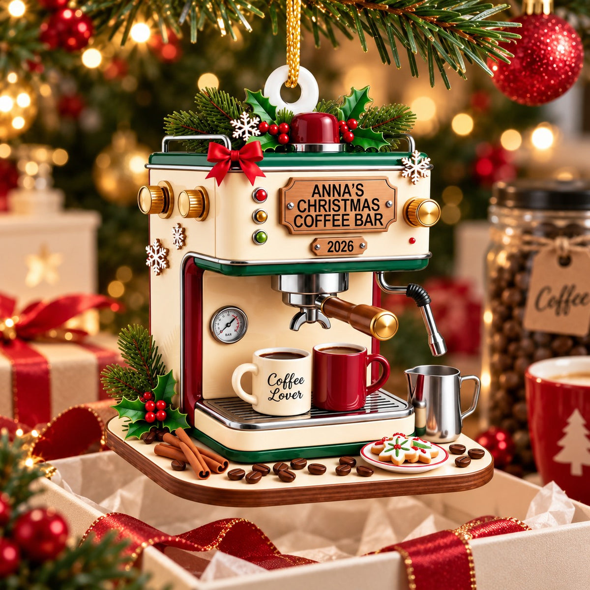Personalized Espresso Machine Christmas Ornament 2026 – Custom Acrylic Keepsake | Gift For Coffee Lovers & Baristas