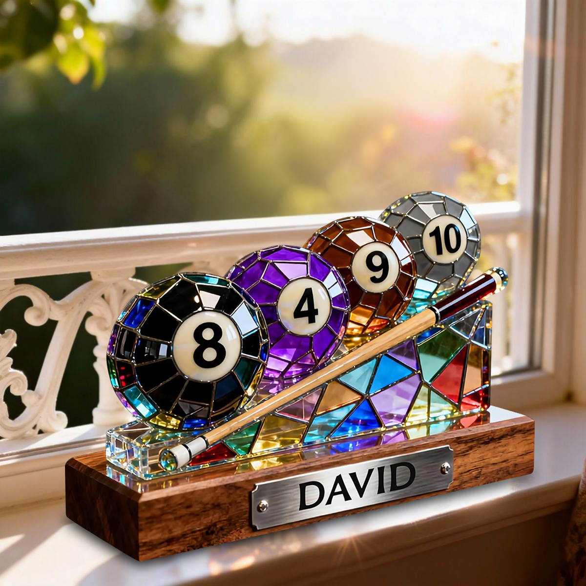 Personalized Billiards Plaque – Stained Glass Effect Look for Pool Player, Cue Sports Lover