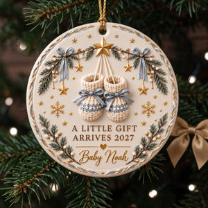 Personalized "A Little Gift Arrives 2027" Ornament – Custom Baby Name Knit Booties Pregnancy Announcement Keepsake In Pink for Christmas