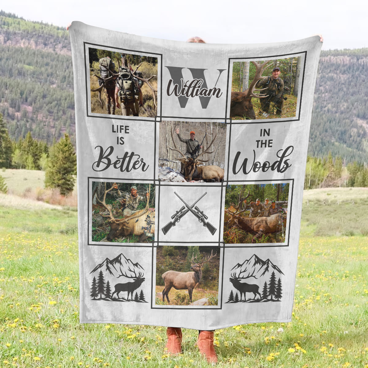 Personalized Elk Hunting Blanket – Custom Elk Hunter Photo Collage, Keepsake Gift or Elk Hunters & Hunting Lovers