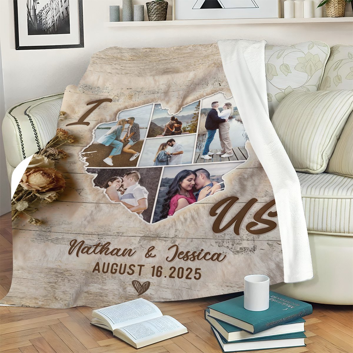 Custom Heart Shaped Photo Collage Vintage Blanket, Personalized Photos Of Us Picture Collage Gift, Wedding Anniversary Valentines Gift For Her Him