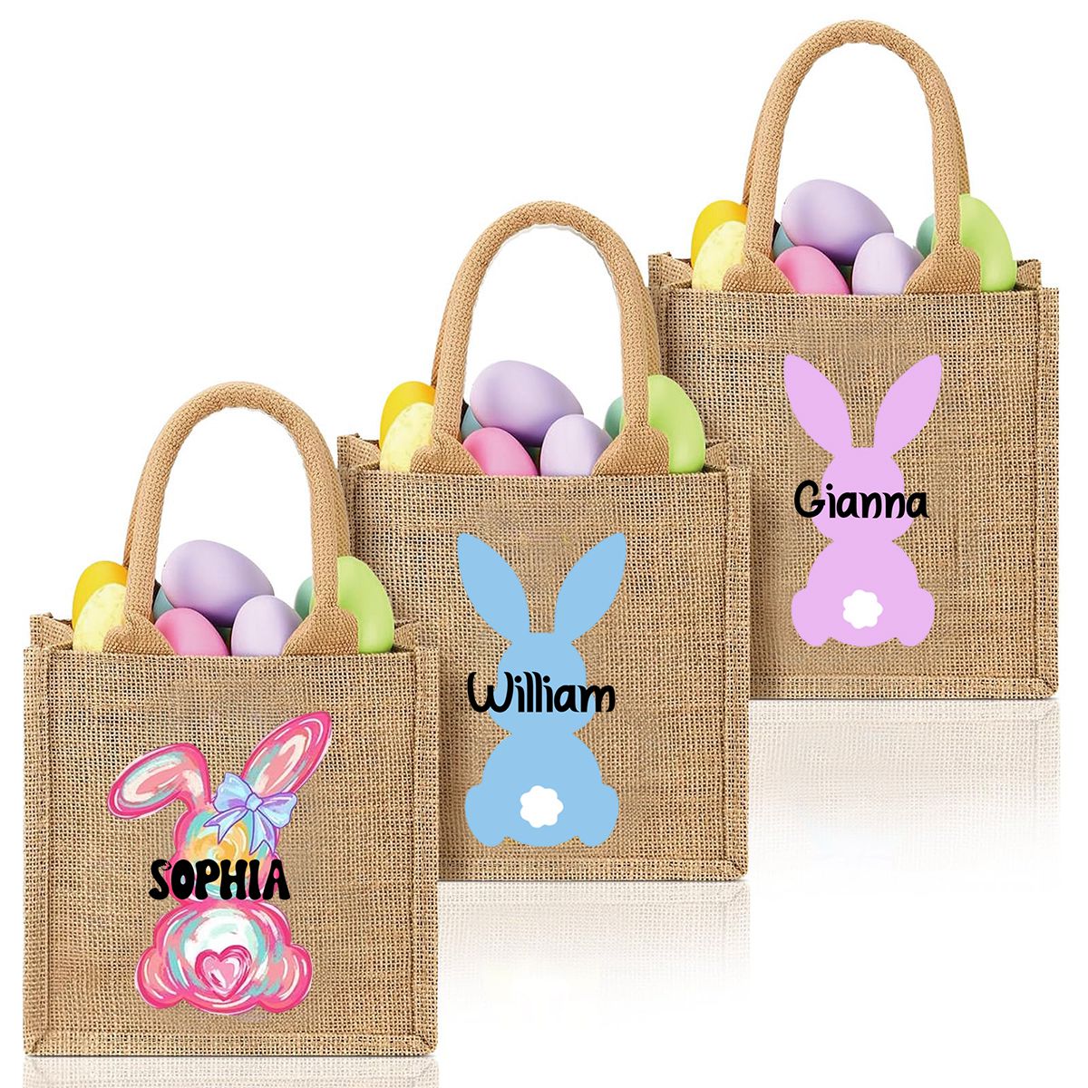 Personalized Easter Bunny Jute bag With Name, Kids Egg Hunt Bags, Easter Basket, Easter Gift Bags