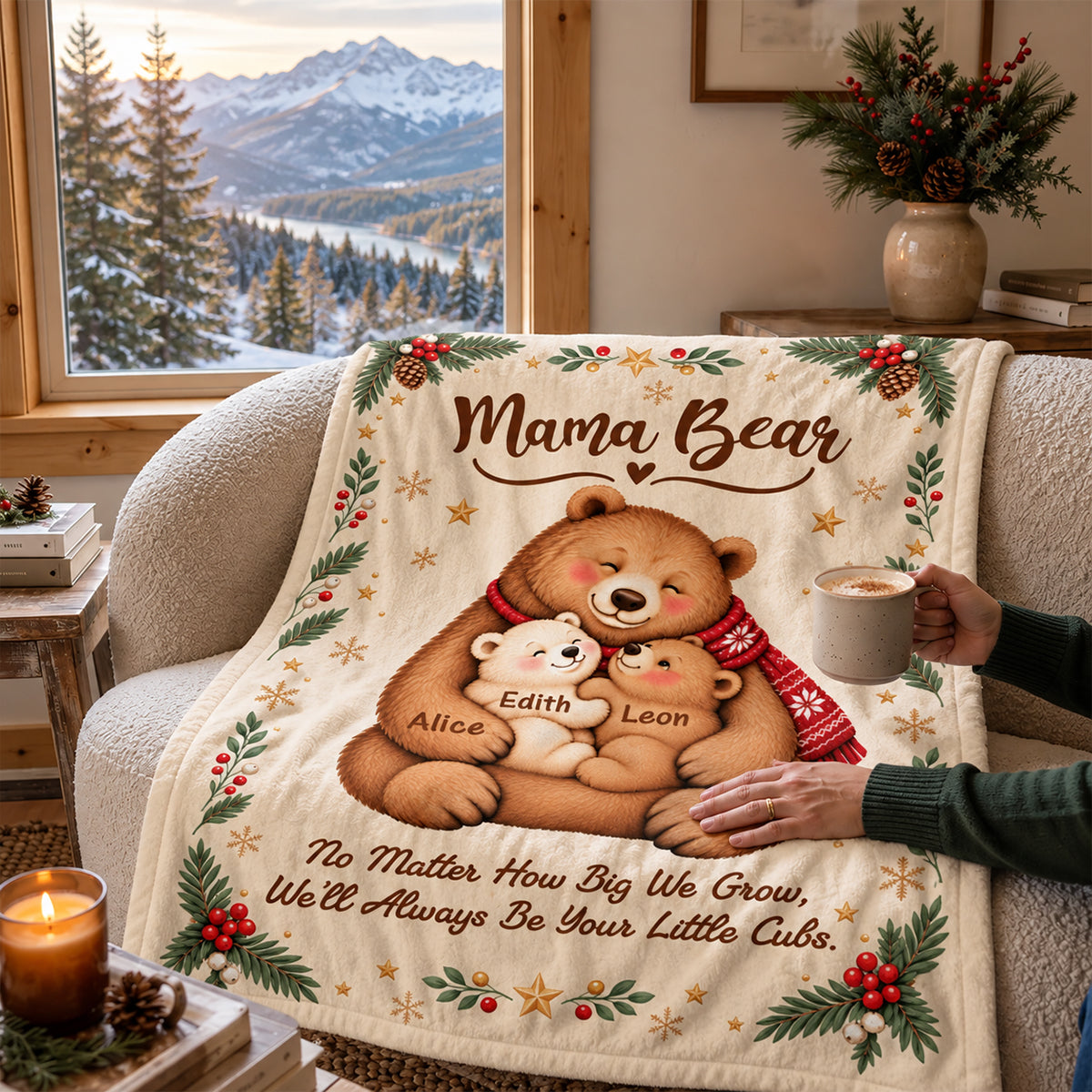 Personalized Mama Bear Christmas Blanket – Custom Kids' Names Bear Family Fleece Blanket, Christmas Gift For Mom From Her Children