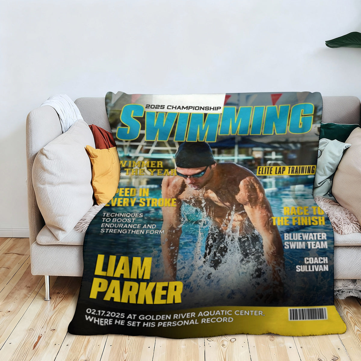 Personalized Swimming Magazine Cover Blanket, Swimming Athlete Gift, Unique Gifts For Swimmers