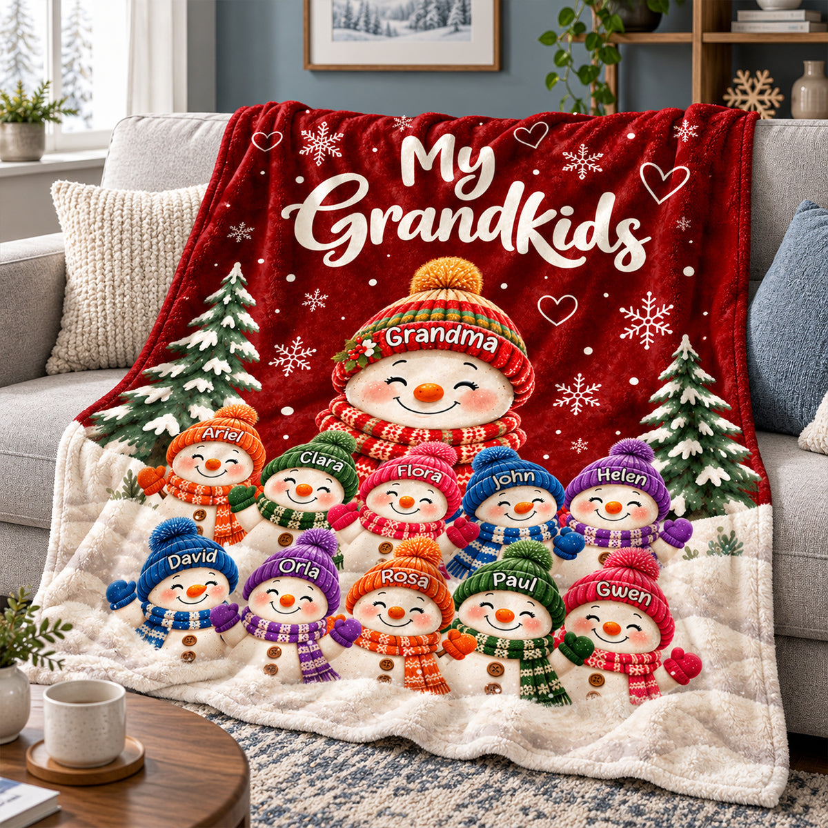 Personalized Grandkids Snowman Christmas Fleece Blanket – Custom Grandchildren’s Names Throw | Holiday Gift For Grandma & Nana