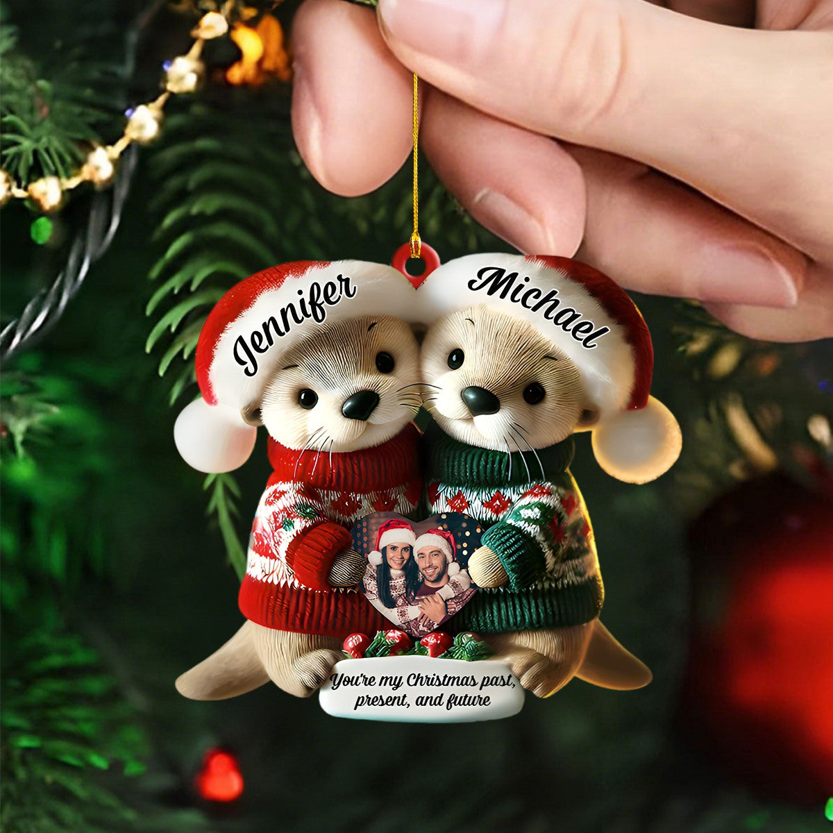 Custom Name & Photo Christmas Otter Couple Personalized Ornament