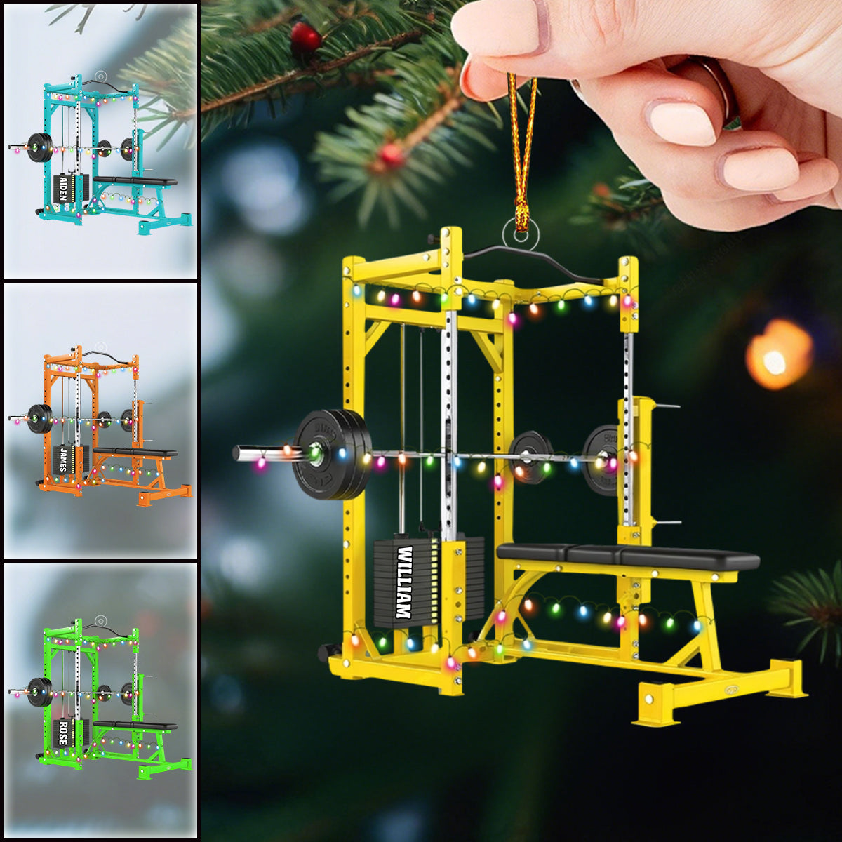 Personalized Bench Barbell & Dumbbell Christmas Ornament, Gym Training Weightlifting Fitness
