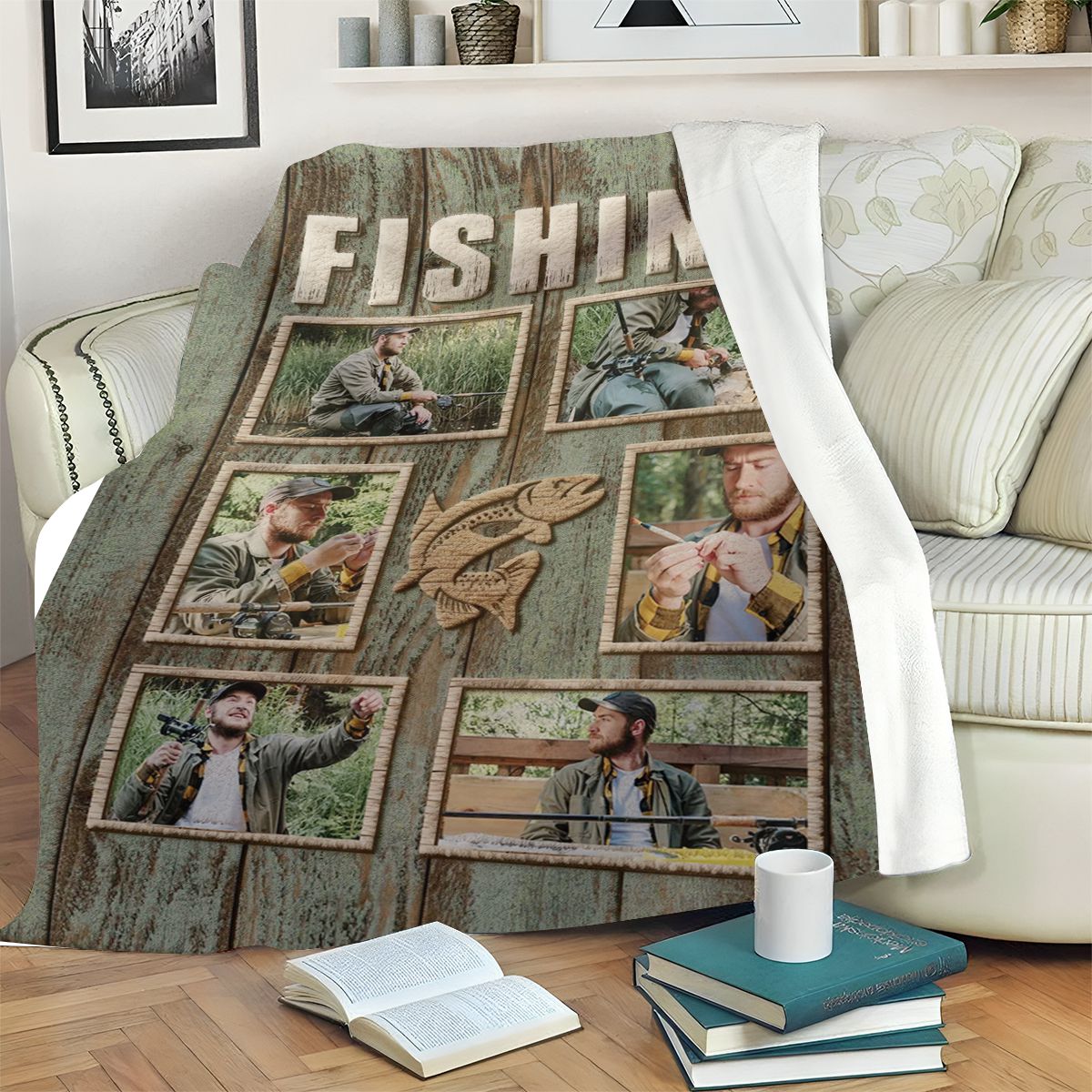 Personalized Fisherman Fishing Photo Collage Blanket, Fishing Gifts For Men