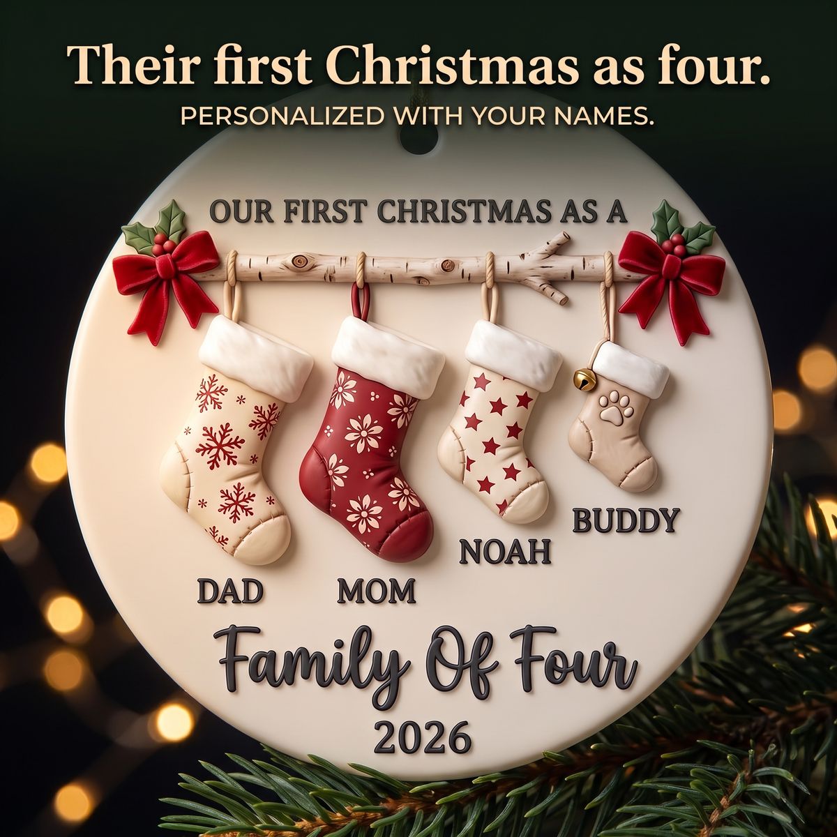 Personalized Family Of 4 Christmas Ceramic Ornament – Custom Names & Pet Stocking Keepsake | First Christmas Gift For Parents & Kids