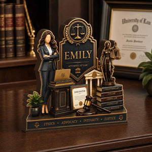Personalized Lawyer Wooden Plaque – Custom Shape Attorney Desk Décor | Law School Graduation Gift For Her