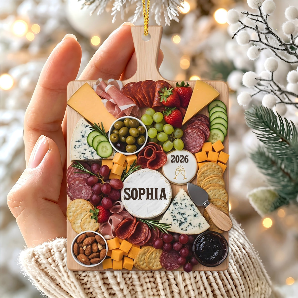 Personalized Name Charcuterie Ornament - Cheese & Wine Christmas Keepsake, Kitchen Lover Gift