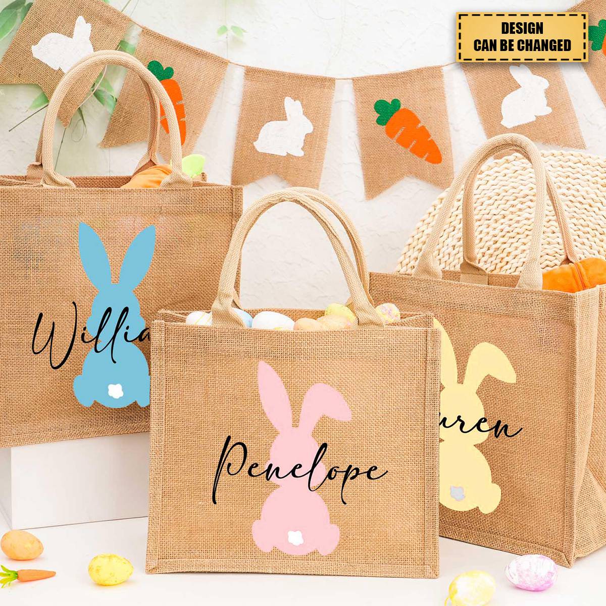 Personalized Easter Bunny Jute bag With Name, Kids Egg Hunt Bags, Easter Basket, Easter Gift Bags