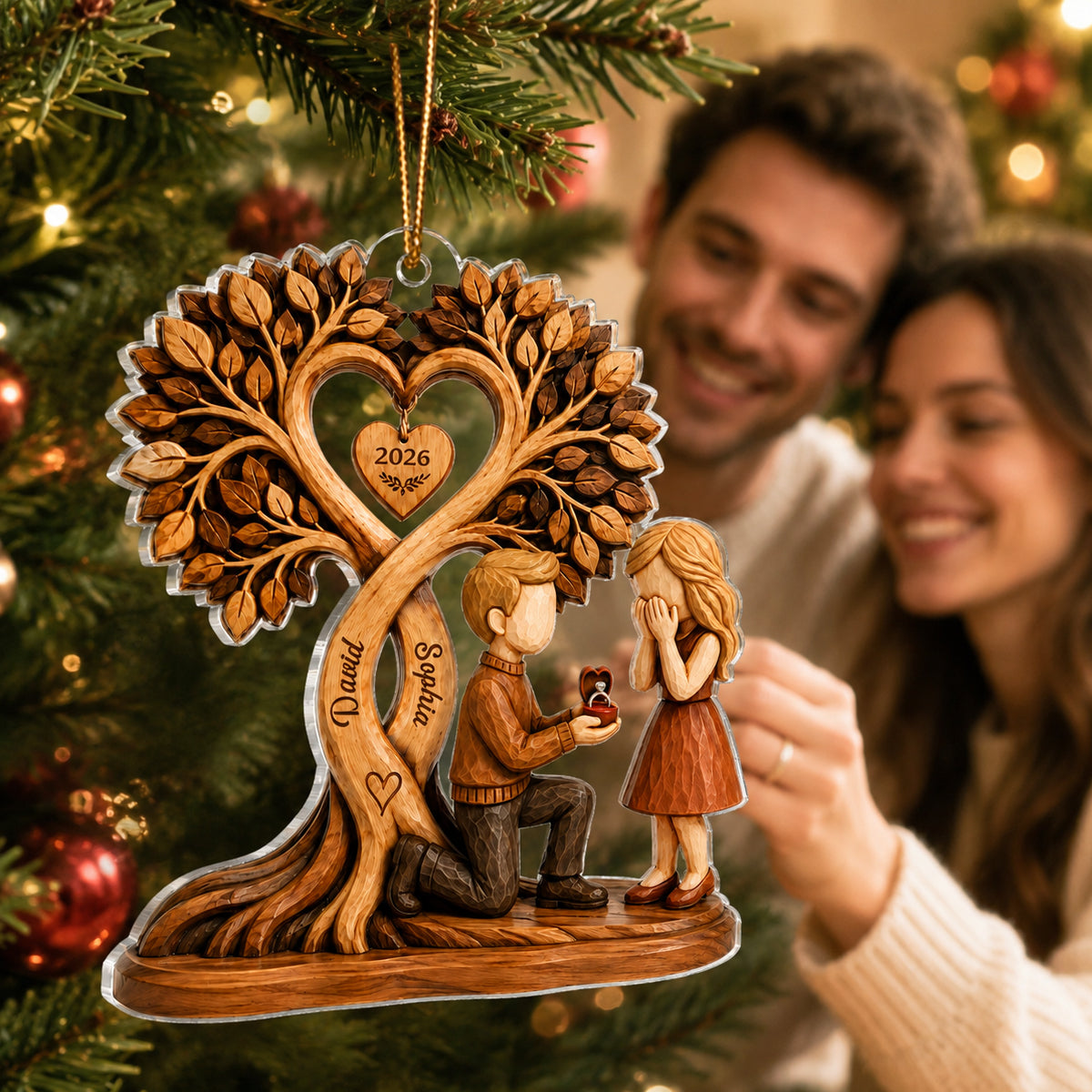"Couple Proposal Under Heart Tree" – Personalized Acrylic Ornament | Heartfelt Anniversary Gift For Him & Her
