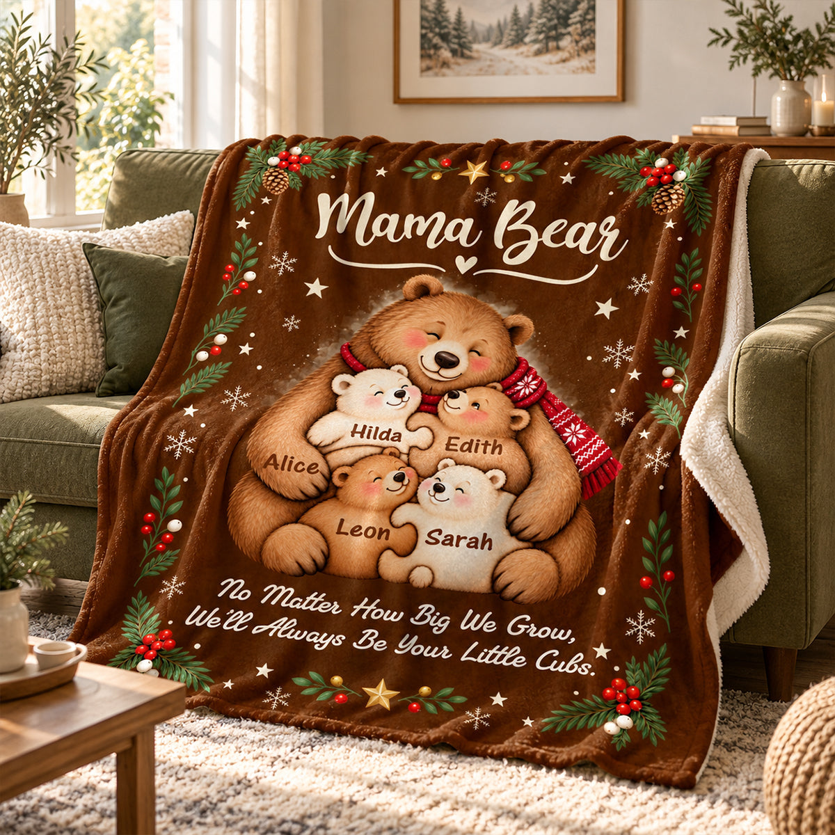 Personalized Mama Bear Christmas Blanket – Custom Kids' Names Bear Family Fleece Blanket, Christmas Gift For Mom From Her Children