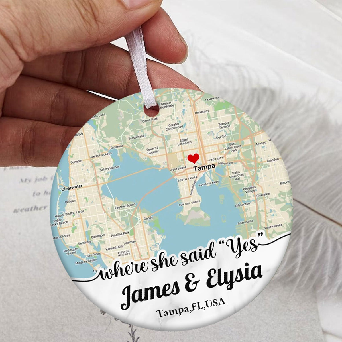 Personalized Couple Location Map Engagement Ornament - Custom Map & Photo Gift