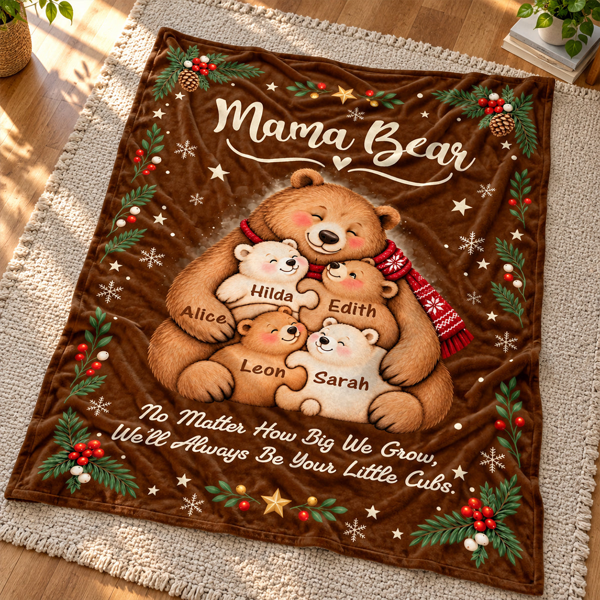 Personalized Mama Bear Christmas Blanket – Custom Kids' Names Bear Family Fleece Blanket, Christmas Gift For Mom From Her Children