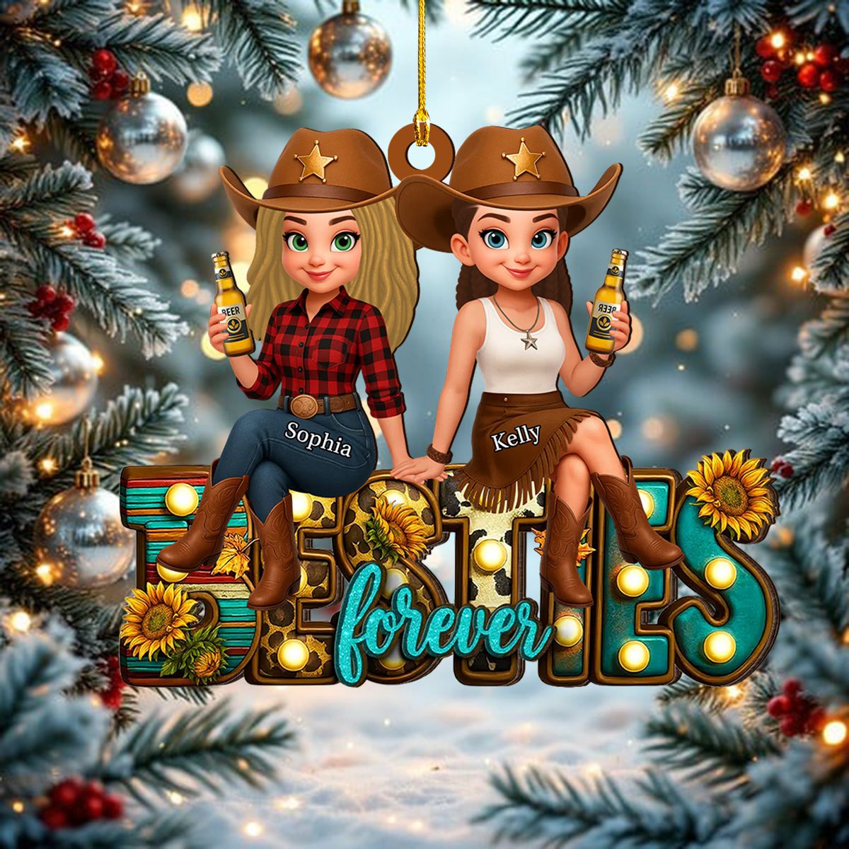 Western Fall Vibe Besties Personalized Wooden Ornament, Fall Gift for Best Friends