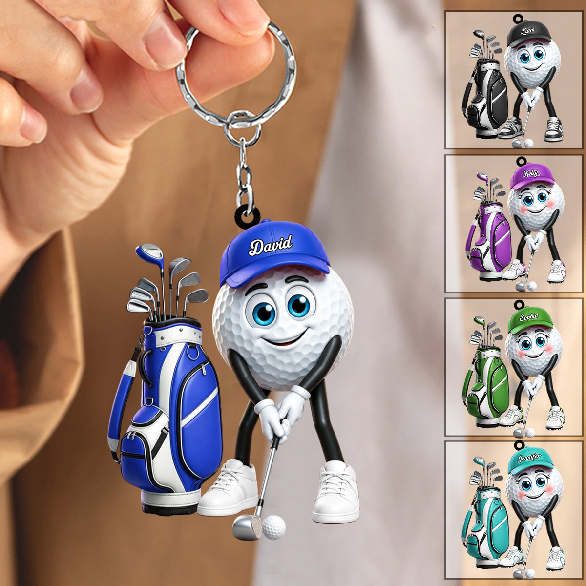 Golf Swing Pose Cartoon Golfer Personalized Golf Ball Mascot Keychain Gift for Male & Female Golfer