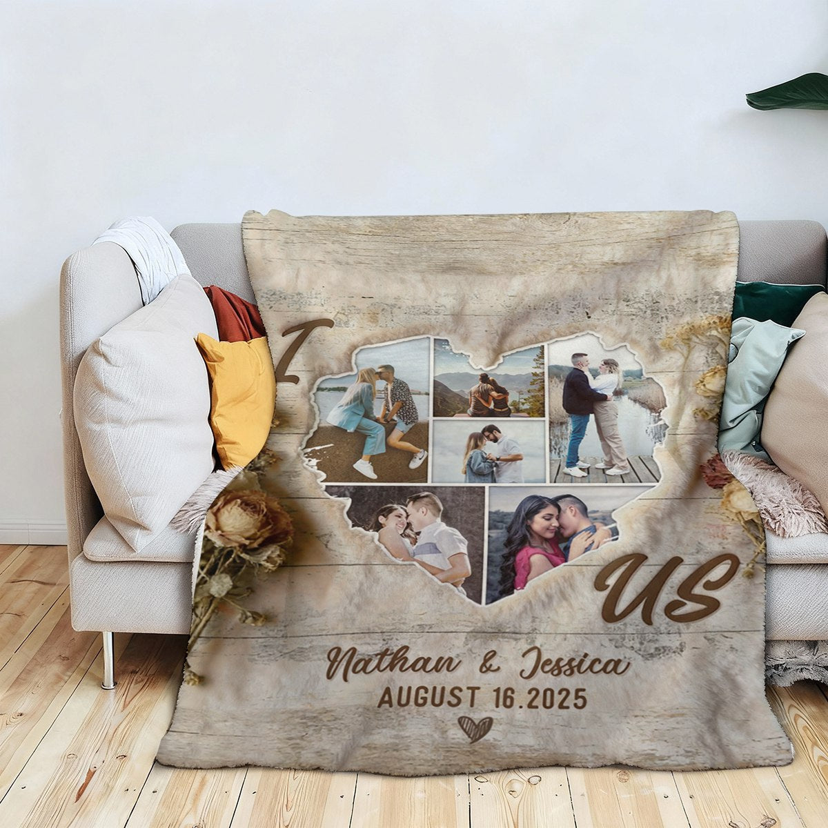 Custom Heart Shaped Photo Collage Vintage Blanket, Personalized Photos Of Us Picture Collage Gift, Wedding Anniversary Valentines Gift For Her Him
