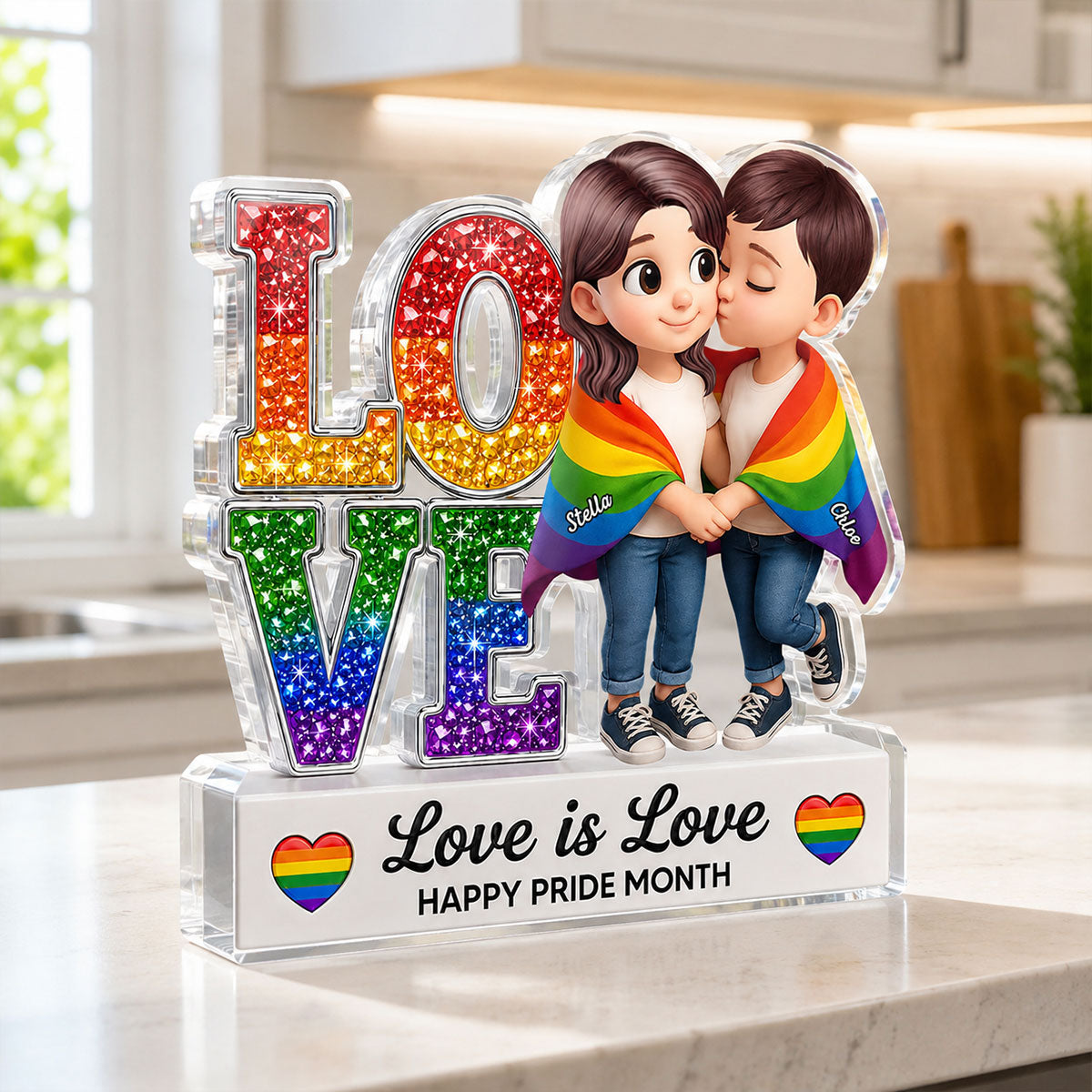 Pride Month Gift for LGBTQ+ Couple – Personalized "Love Is Love" Acrylic Block Plaque
