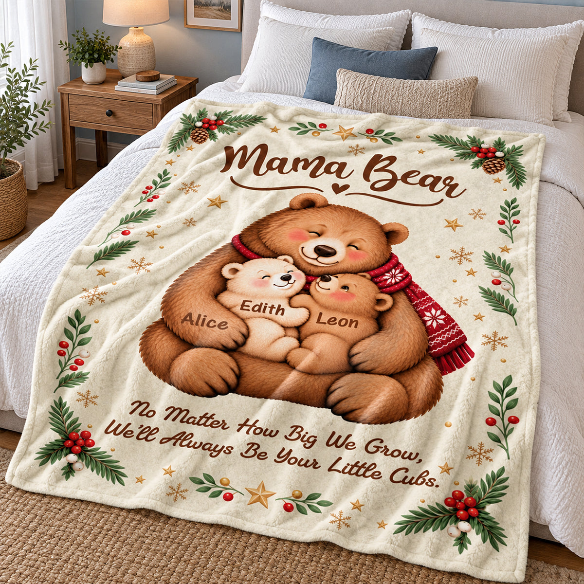 Personalized Mama Bear Christmas Blanket – Custom Kids' Names Bear Family Fleece Blanket, Christmas Gift For Mom From Her Children