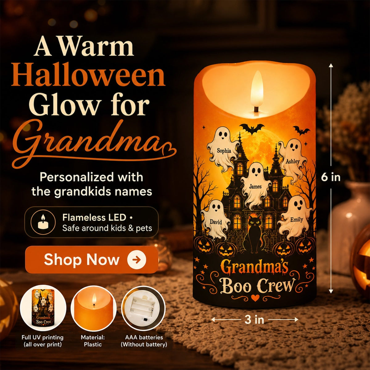 "Grandma's Little Boo Crew" Haunted House – Personalized LED Candle | Halloween Decor For Grandma