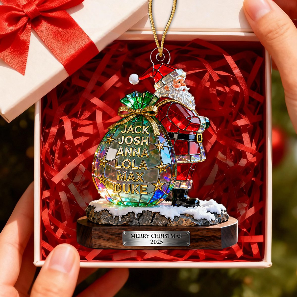 Personalized Stained Glass Effect Family Santa Claus Theme Acrylic Ornament