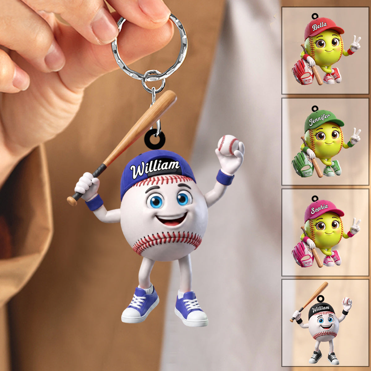 Cute Baseball Softball Player Mascot - Personalized Baseball Softball Ball Keychain