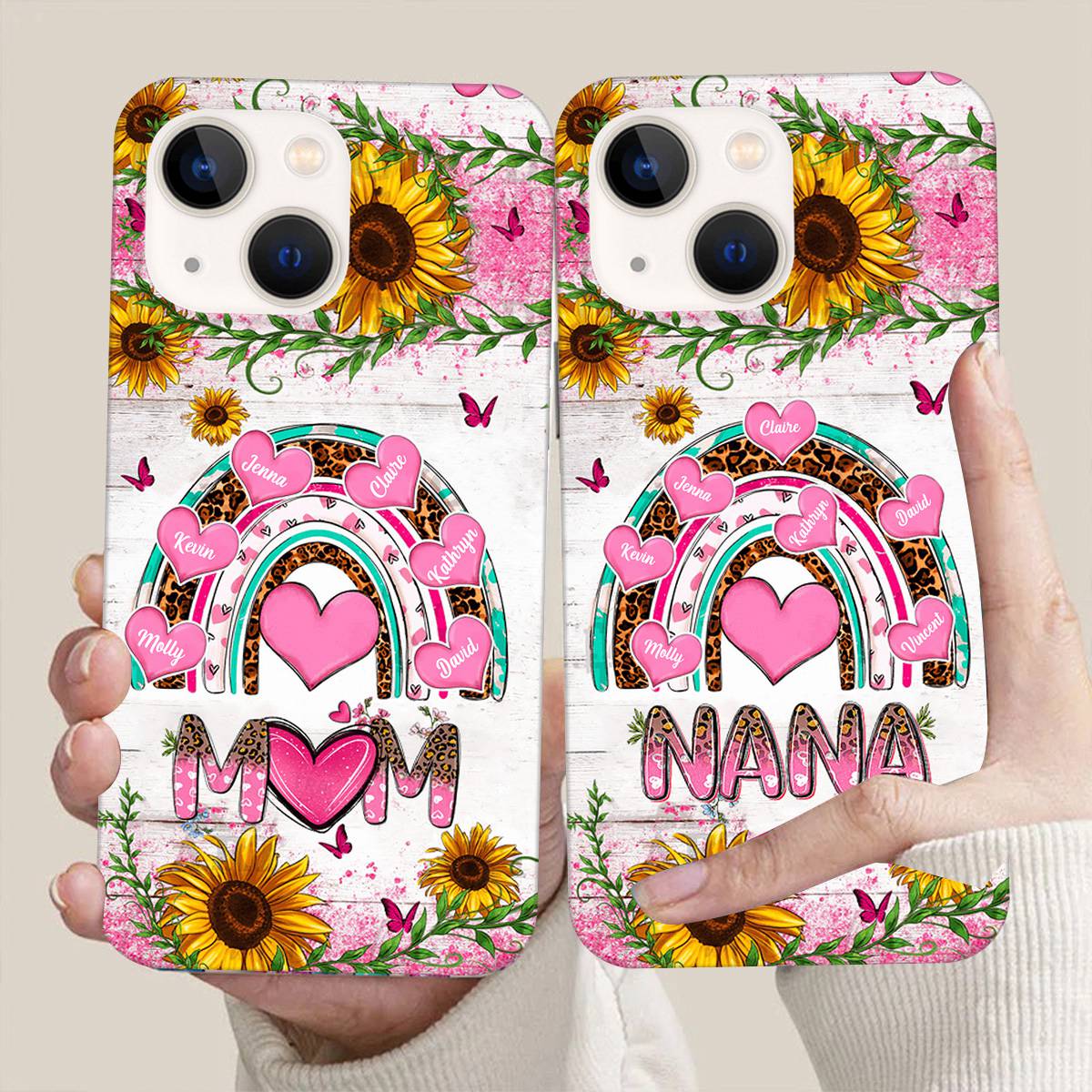 Personalized Phone Case - Grandma, Nana Leopard Pink Pattern Kid Names In Heart