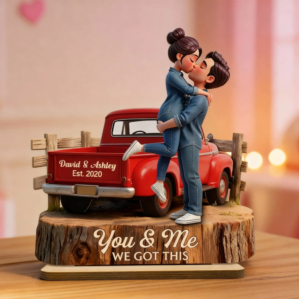Personalized Wooden Plaque with Kissing Couple in Red Pickup Truck, Farmhouse Decor, Unique Gift for Couples