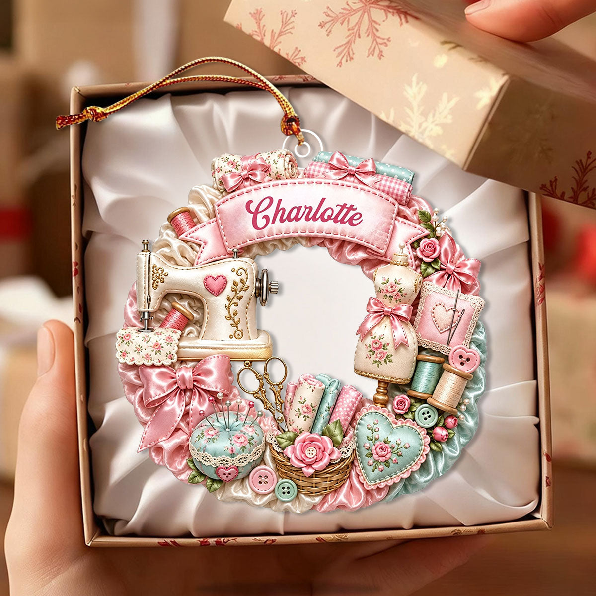 Custom Name Sewing Machine Wreath,Personalized Christmas Ornament Gift For Sewing Lovers
