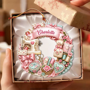 Custom Name Sewing Machine Wreath,Personalized Christmas Ornament Gift For Sewing Lovers