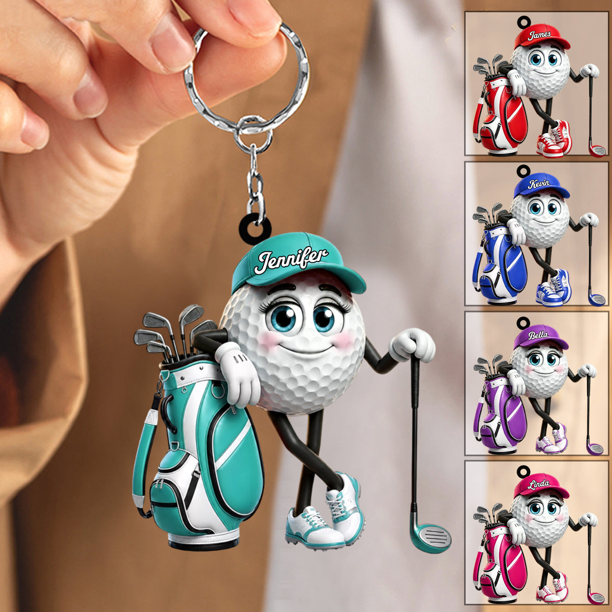 Relaxed Confident Pose Personalized Golf Ball Mascot Keychain Gift for Male & Female Golfer