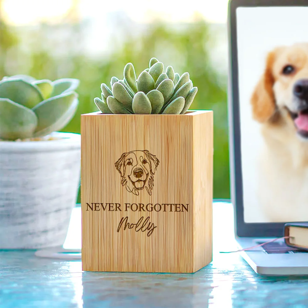 Personalized Pet Line Drawing Dog Cat Portrait Wooden Flower Pot Memorial Gift for Loss of Pet