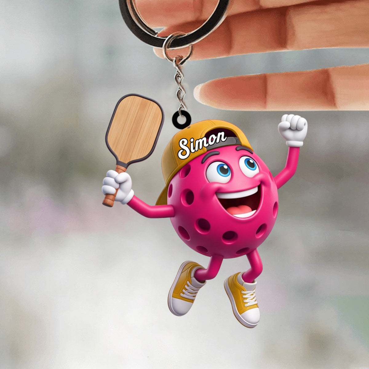 Cheering Jumping Personalized Cute Pickleball Ball Mascot Keychain